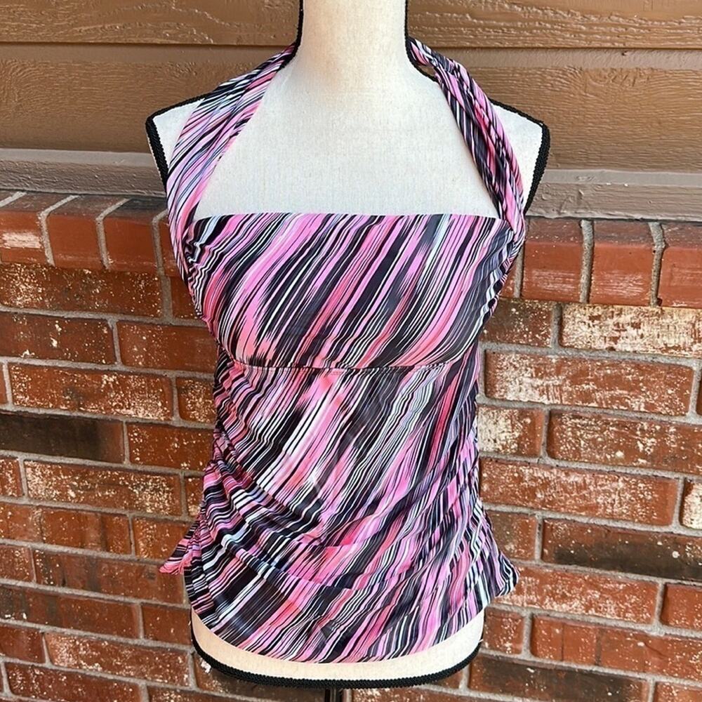 NWT Tempt Me Pink Stripe One Shoulder Tankini Swim Top Size Large Tummy Control